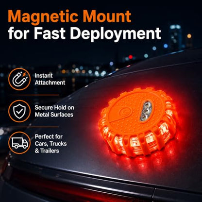 Huyumpxy LED Road Flares Emergency Lights, 9 Flashing Modes Roadside Safety Warning Light with Magnetic Base & Built-in Hook, Battery Powered Safety Beacon for Car, Truck, Motorcycle, Camping, 1 Pack