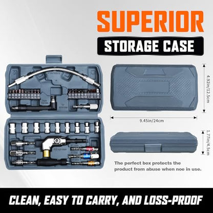 39-Piece Flexible Drill Bit Extension Set with 105° Right Angle Adapter, Metric Sockets, Magnetic Bit Holders, Storage Case