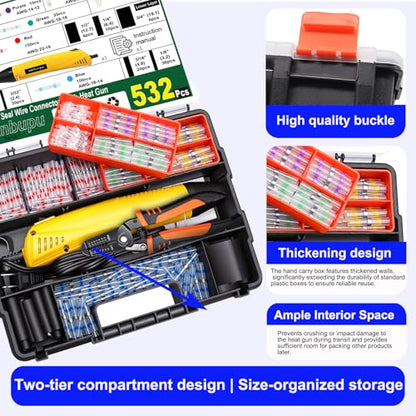 532PCS Heat Shrink Solder Seal Wire Connectors Kit with Mini Heat Gun, Solder Stick Wire Connectors Waterproof Wire Electrical Connector Kit for Marine, Automotive, Boat, Truck (26-6 Gauge) - size: 532PCS