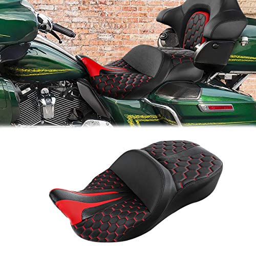 C.C. RIDER Leather Driver Passenger Seat - Bagger Comb Strapped 2-Up One-Piece Fit for Harley Touring Road King FLHR Street Glide FLHX Road Glide FLTRX Electra Glide FLHT 2009-2023 - color: Black+Red