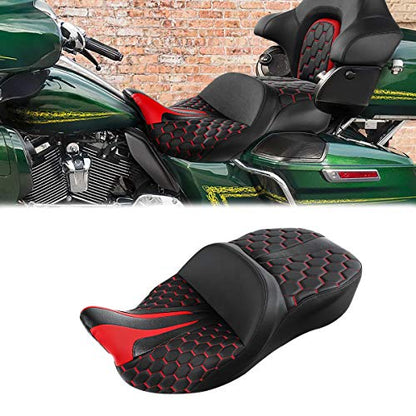 C.C. RIDER Leather Driver Passenger Seat - Bagger Comb Strapped 2-Up One-Piece Fit for Harley Touring Road King FLHR Street Glide FLHX Road Glide FLTRX Electra Glide FLHT 2009-2023 - color: Black+Red