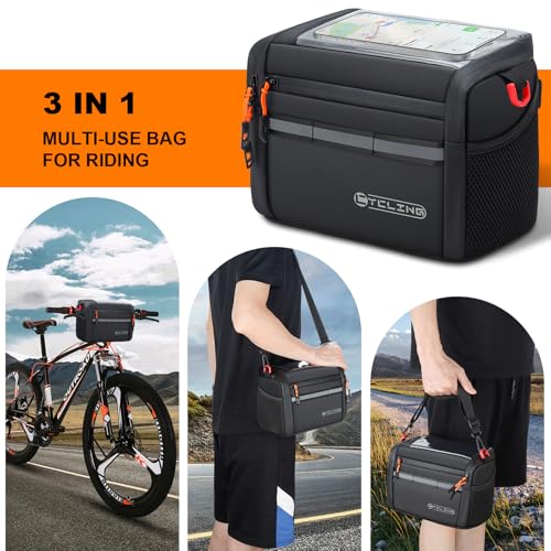 Insulated Bike Handlebar Bag, 4L Capacity Storage Pouch with 7.5" Bike Phone Bag Holder Sensitive Touch Screen Tube Bicycle Bag with Shoulder Strap for Outdoor Trip