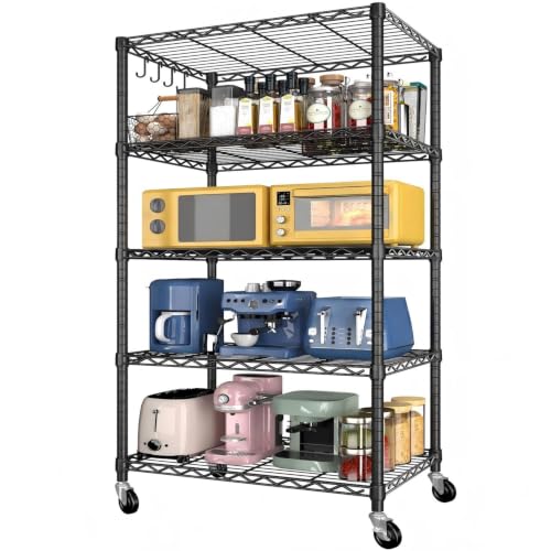 Wire Storage Shelves with Wheels: 5 Tier Adjustable Metal Shelving Unit, Heavy Duty Bakers Rack with Hooks, Rolling Pantry Shelf Organizer for Closet, Kitchen, Laundry, 24" W x 18" D x 75" H - size: 24"W x 18"D x 75"H