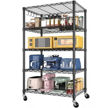 Wire Storage Shelves with Wheels: 5 Tier Adjustable Metal Shelving Unit, Heavy Duty Bakers Rack with Hooks, Rolling Pantry Shelf Organizer for Closet, Kitchen, Laundry, 24" W x 18" D x 75" H - size: 24"W x 18"D x 75"H