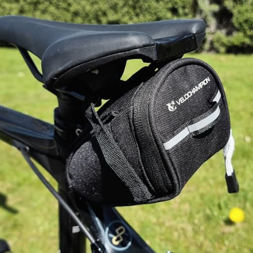 VeloChampion Black Bike Seat Pack Under Saddle Bag | 1 Litre Storage | Ideal for Mountain Road or Hybrid Bikes | Reflective | Water Resistant | Perfect for Repair Kits and Cycling Accessories