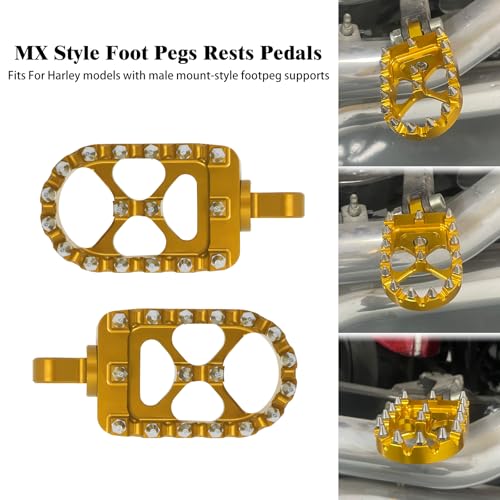 CNC MX Style Wide Foot Pegs with 360° Roating Compatible with Harley Dyna Softail Fatboy Sportster Iron 883 Chopper Bobber Models Gold - color: Gold with Cone Spikes