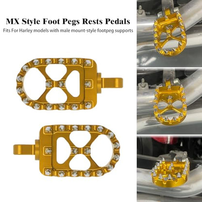 CNC MX Style Wide Foot Pegs with 360° Roating Compatible with Harley Dyna Softail Fatboy Sportster Iron 883 Chopper Bobber Models Gold - color: Gold with Cone Spikes
