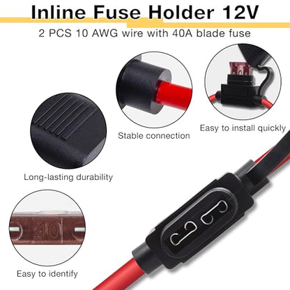ecocstm 2 PCS Inline Fuse Holders 12V, 10 AWG Car Gauge Inline Fuses, Waterproof Fuse Holder with 40A ATC/ATO Standard Blade Fuses for Automotive, Marine, Golf Cart Lighting, Electrical Circuits - size: 2 PCS 10AWG