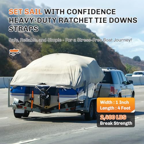 WELLUCK Boat Trailer Transom Tie Down Straps 2400 LBS, 1 Inch x 4 FT Heavy Duty Retractable Ratchet Straps Tie Downs to Trailer Marine Jet Ski Pontoon, with Quick Release Buckle & Anti-Scratch Hooks
