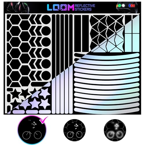 LOOM Reflective Stickers Mega Kit (101pcs Black)• Nighttime Safety Waterproof Self-Adhesive Decals for Helmets, Skateboard, Bike, Scooter, E-Bike, Motorcycle & Strollers • Bright Colors - color: Black