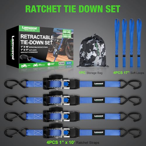 Retractable Ratchet Straps (4-Pack) - 1 Inch x 10 Feet (1,650lb Break Strength) - Heavy Duty Auto Self Retracting Tie Down Straps for Motorcycle, ATV, UTV, Truck, Cargo Trailer - Blue - color: Blue