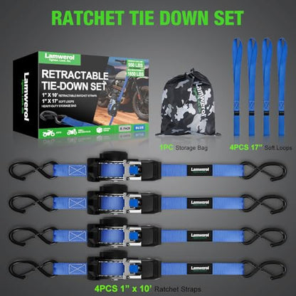 Retractable Ratchet Straps (4-Pack) - 1 Inch x 10 Feet (1,650lb Break Strength) - Heavy Duty Auto Self Retracting Tie Down Straps for Motorcycle, ATV, UTV, Truck, Cargo Trailer - Blue - color: Blue