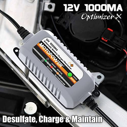 MOTOPOWER MP00205B 12V 1000mA Automatic Battery Charger, Battery Maintainer, Trickle Charger, and Battery Desulfator with Timer Protection - Grey - color: a) - Grey