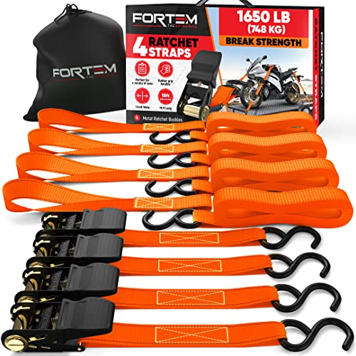 FORTEM Ratchet Straps, Tie Down Strap Set 1650lb Break Strength, 4 Pack 15ft x 1in, 4 Soft Loops, Moving Straps Tie Downs, Cargo Cam Buckles for Trucks, Carry Bag, for Men - color: Orange