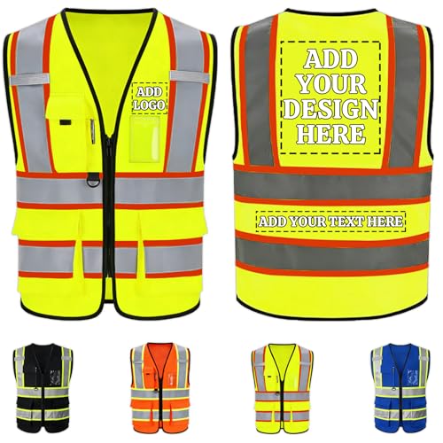Custom Hi-Vis Reflective Safety Vest Personalized Outdoor Work Vest Add Logo Text Protective Workwear for Men - color: Yellow, size: 4X-Large