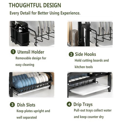3 Tier Dish Drying Rack for Kitchen Counter, Large Capacity Dish Rack with Drainboard Set & Utensil Holder, Rustproof Metal Dish Drainer with Cup Bowl Plate Storage - color: Black1