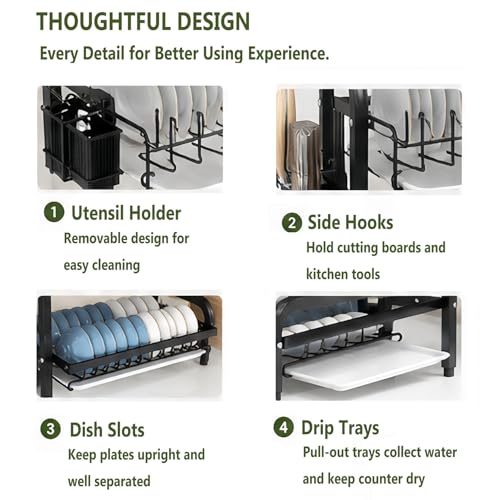 3 Tier Dish Drying Rack for Kitchen Counter, Large Capacity Dish Rack with Drainboard Set & Utensil Holder, Rustproof Metal Dish Drainer with Cup Bowl Plate Storage - color: Black2