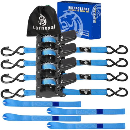 Retractable Ratchet Straps 4 Pack - 1,500 Lbs Break Strength 1 in x 10 Ft Heavy Duty Retractable Ratchet Tie Down Straps with S Hooks Set for Truck, Cargo Van, Trailer, Motorcycle (Blue) - color: Blue