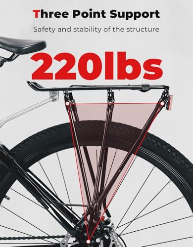 KEMIMOTO Bike Cargo Rack, Rear Bike Rack 24-27.5 in, Adjustable Length, Maximum Load 220lbs, Red Rear Reflective Light, Three-Bracket Design, Aluminum Alloy