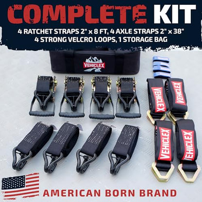 Vehiclex Car Tie Down Kit with Axle Straps 4PCS — 2" Reinforced Axle Straps + Heavy Duty Ratchet Straps with Double J-Hooks for Cars, Trucks & UTVs - style: Car Tie Down kit