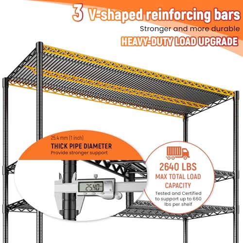 60" W Storage Shelves 2640 LBS Heavy Duty Garage Shelving, Adjustable Wire Shelving Metal Shelving with Liners, Fits 27-Gallon Totes, 60" W x 18" D x 68.4" H for Commercial Warehouse, Black - size: 60" W x 18" D x 68.4" H-4 Tier