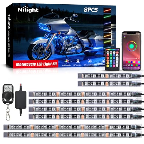 Nilight 8PCS Motorcycle RGB Led Light Kit Waterproof Multi Color Atmosphere Neon Accent APP and Remote Control Underbody Strips for Harley Davidson Honda Kawasaki Suzuki - color: 8Pcs RGB LED Strip-APP