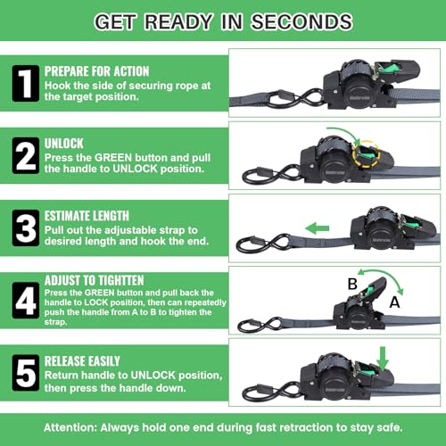 Retractable Ratchet Straps, 1" x 12' Heavy Duty Auto Self Retracting Ratchet Straps, Tie Down Straps for Trucks Trailer Car Motorcycle ATV UTV Kayak Boat（4 Pack） - size: 1"x12'-4pcs