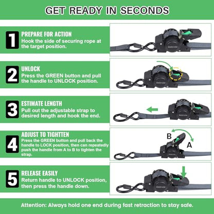 Retractable Ratchet Straps, 1" x 12' Heavy Duty Auto Self Retracting Ratchet Straps, Tie Down Straps for Trucks Trailer Car Motorcycle ATV UTV Kayak Boat（4 Pack） - size: 1"x12'-4pcs