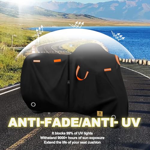 Motorcycle Cover Waterproof Outdoor,116" Heavy Duty 420D Oxford Cloth | Touring Bike Cover Fit for Honda,Yamaha,Harley,Tear-Resistant,Anti-UV,Windproof,3 Pairs Straps,Lock Holes,116"Lx43"Wx55"H