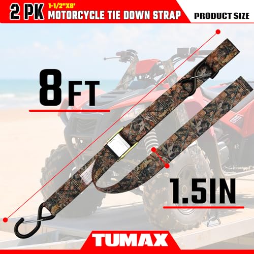 2 Pack Tie Down Straps with Cam Buckle - 2500lbs Break Strength, 1.5 Inch x 8 Feet Heavy Duty Camouflage Cargo Straps with Secure S-Hooks Latch, for Motorcycle, ATV, UTV, Dirt Bike and Trailer - color: Camouflage