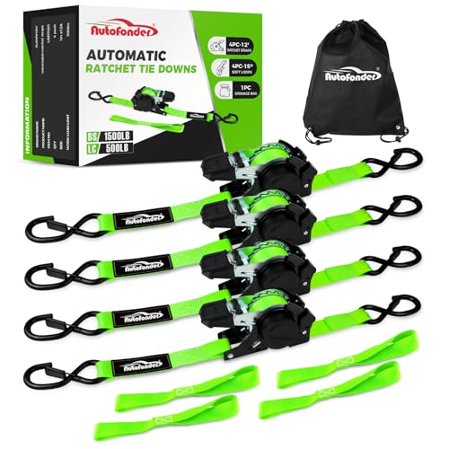Retractable Ratchet Straps with Soft Loops(4 Pack)-(1,500lb Break Strength) -1 Inch x 12 Feet Heavy Duty Auto Self Retracting Tie Down Strap for Truck, Cargo Trailer, Motorcycle, Rad & More - color: Green Retractable