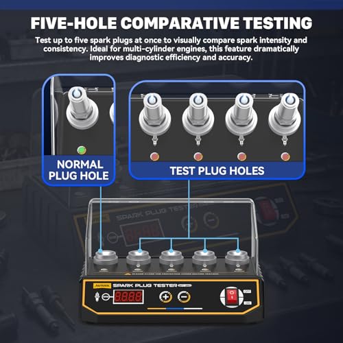 AUTOOL Spark Plug Tester Automotive Engine Ignition Coil Tester 200-9000rpm Adjustable Working Frequency, Five Holes Spark Plug Gap Tool with Protective Cover Adjustable Height - size: SPT360
