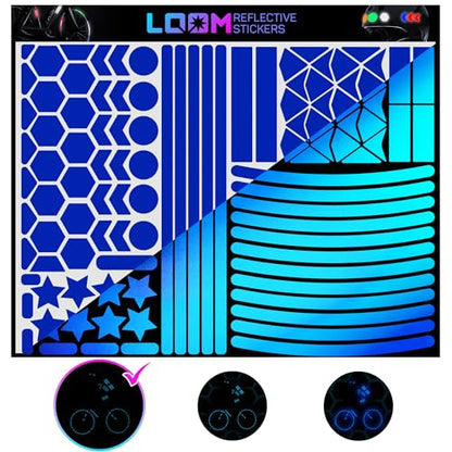 LOOM Reflective Stickers Mega Kit (101pcs Blue)• Nighttime Safety Waterproof Self-Adhesive Decals for Helmets, Skateboard, Bike, Scooter, E-Bike, Motorcycle & Strollers • Bright Colors - color: Blue