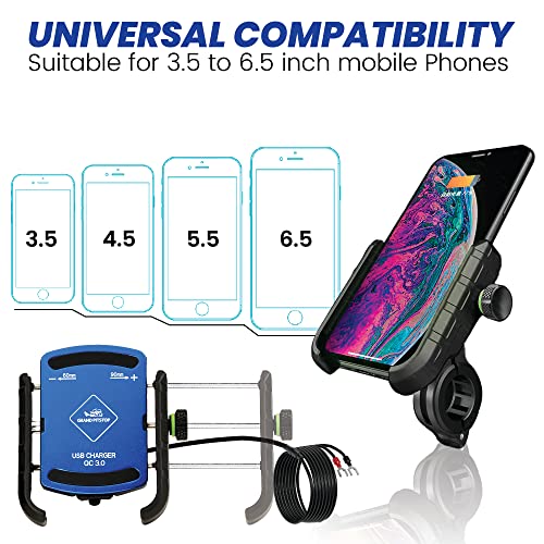GRAND PITSTOP Bike Phone Mount Holder USB Charger Handlebar Mount, Camera Friendly, Aluminum Motorcycle Phone Mount, with 12/24V Motorcycles Quick Charge for 4.5-7 Inch Phones (Blue)