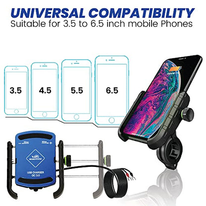 GRAND PITSTOP Bike Phone Mount Holder USB Charger Handlebar Mount, Camera Friendly, Aluminum Motorcycle Phone Mount, with 12/24V Motorcycles Quick Charge for 4.5-7 Inch Phones (Blue)