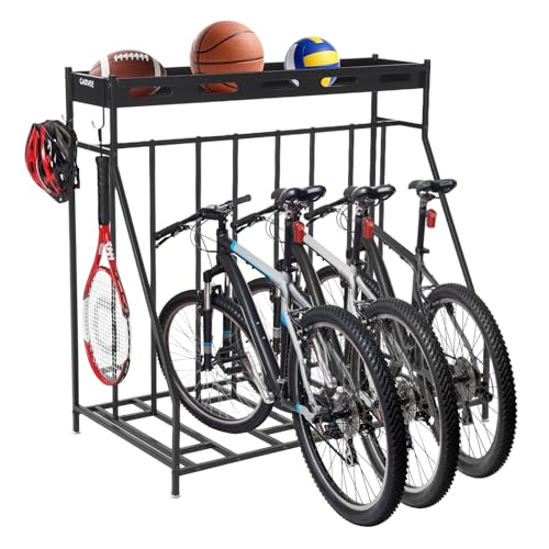 Bike Rack Garage Storage Floor Stand - Freestanding Organizer for Outdoor Yard - Upright Wall Mount for Scooters, Rakes, Motorcycles, Hoverboards, Gloves - Holds 4 Bicycle - size: 4 Bike