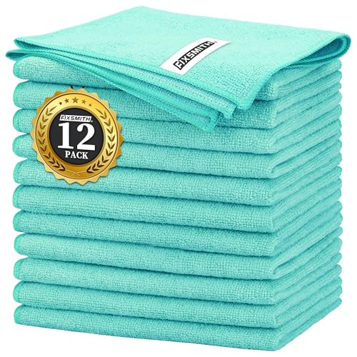 FIXSMITH Turquoise Microfiber Cleaning Cloth -Pack of 12, Highly Absorbent Cleaning Rags, 16"X12" All Purpose Cleaning Towels for Housekeeping, Kitchen, Car, Lint Free and Reusable Microfiber Towels - color: Turquoise, size: 12pk