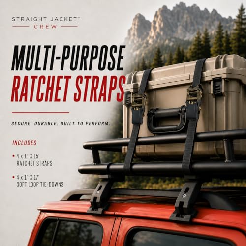 Ratchet Tie Down Straps (4 Pack) - 1,823lb Max Break Strength incl. (4) Heavy Duty 1" x 15' Rachet Tie Downs with Hooks & Handles Best for Moving Securing Cargo by Straight Jacket Crew (Black) - color: Black, size: 1" x 15'