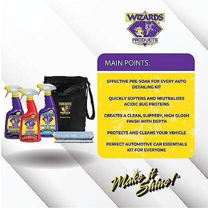 Wizards 5 Piece Car Detailing Kit - Beginner Friendly Professional Car Detailing Kit - Car Accessories for Men - Comes with a Microfiber Towel, Storage Bag and 22 oz Spray Bottles - color: Quick Kit (5 pc)