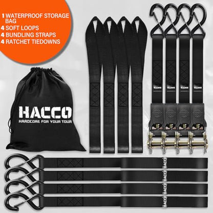 Haccoplanet Ratchet Tie Down Straps, 2340lb Break Strength, 4pc 1inch x 16FT Tie Down Strap Set with Padded Handles & Coated S Hook W/Safety Clip, Cargo Strap Tie Down for Motorcycle, Truck (Black) - color: Black