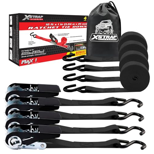 XSTRAP STANDARD Ratchet Tie Down Straps 4 Pk 10 Ft- 300 Lbs Load Cap- 900 Lbs Break Strength-Cargo Straps for UTV, ATV, Pickup,Truck, Moving Appliances, Lawn Equipment, Black - color: Black, size: 4pk 1inchx10ft