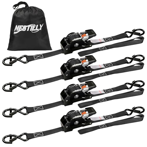 Retractable Ratchet Straps with Soft Loop (4-Pack) - 1 Inch x 10 Feet (1650lb Break Strength) -Heavy Duty Auto Self Retracting Tie Down Straps for Truck, Cargo Trailer, Motorcycle, ATV, UTV - Black