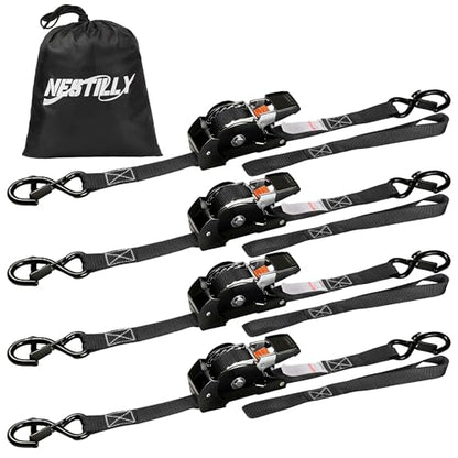 Retractable Ratchet Straps with Soft Loop (4-Pack) - 1 Inch x 10 Feet (1650lb Break Strength) -Heavy Duty Auto Self Retracting Tie Down Straps for Truck, Cargo Trailer, Motorcycle, ATV, UTV - Black