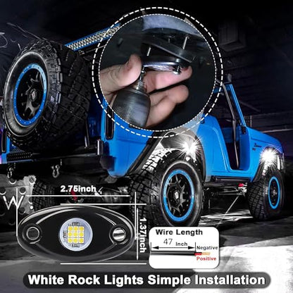 24 Pods White Led Rock Lights，Automotive General Under Body Neon Glow Led Pure Light Kit Ip68 Waterproof 3.8ft Extension Wires for Car Truck Boat Rv ATV Utv SUV RZR Motorcycle Trail Rig Lamp（White） - color: White-24pcs
