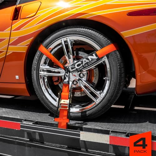 VULCAN Car Tie Down with Flat Hooks - Lasso Style - 2 Inch x 96 Inch - 4 Pack - PROSeries - 3,300 Pound Safe Working Load - size: Flat Hooks - ProSeries Orange (4 Pack)
