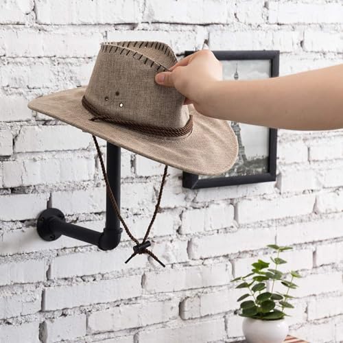 MyGift 3 Pcs Cowboy Hat Holder on Wall, Hat Rack Hooks, Wig Display Helmet Collection Organizer, Baseball Cap Hanger Entryway Bedroom, Realistic Black Metal Pipe Brown Wood - color: Industrial Style
