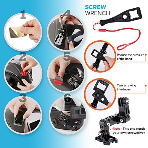 MiPremium Motorcycle Helmet Chin Mount Kits for GoPro Hero 13 12 11 10 9 8 7 6 5 4 3 Black Silver Session, AKASO/Campark & Other Action Camera Swivel Aluminium Screw Flat Curved Adhesive Pads & J Hook