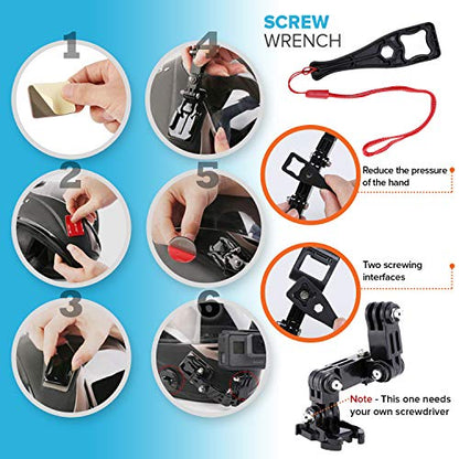 MiPremium Motorcycle Helmet Chin Mount Kits for GoPro Hero 13 12 11 10 9 8 7 6 5 4 3 Black Silver Session, AKASO/Campark & Other Action Camera Swivel Aluminium Screw Flat Curved Adhesive Pads & J Hook