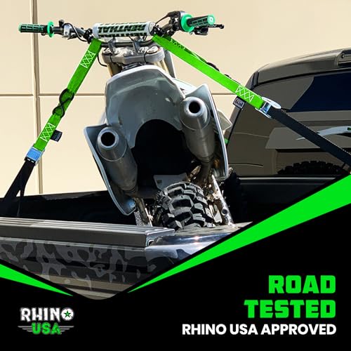 Rhino USA Motorcycle Tie Down Straps (2 Pack) Lab Inspected 2,200lb Break Strength, Steel Cambuckle Tiedown Set with Integrated Soft Loops - Better Than a Ratchet Strap (Green 2-Pack) - color: Green 2-Pack
