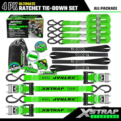 XSTRAP STANDARD 4PK Motorcycle Ratchet Straps, 1" x 15ft, 2,200 lbs Break Strength Tie Down Straps with Safety Lock S-Hooks, Soft Loop Straps and Stickers for Trucks, Cargo, Moving (Green) - size: Green-2200 lbs-4Loops